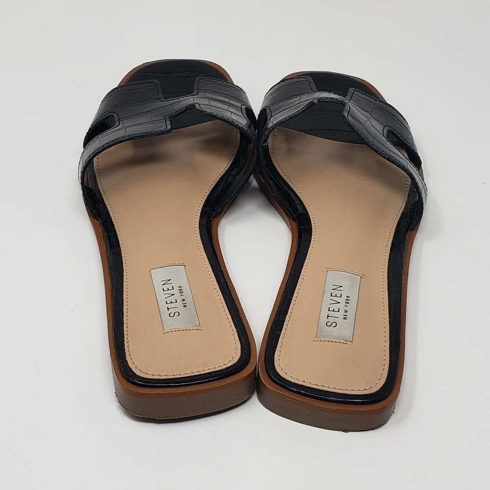 Steven New York Harlien Croc Embossed Black Slide Sandals Size 8